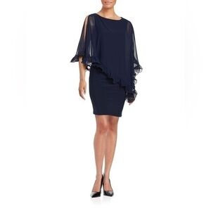 Xscape navy blue cape overlay ruffle trim cocktail dress 18W B5